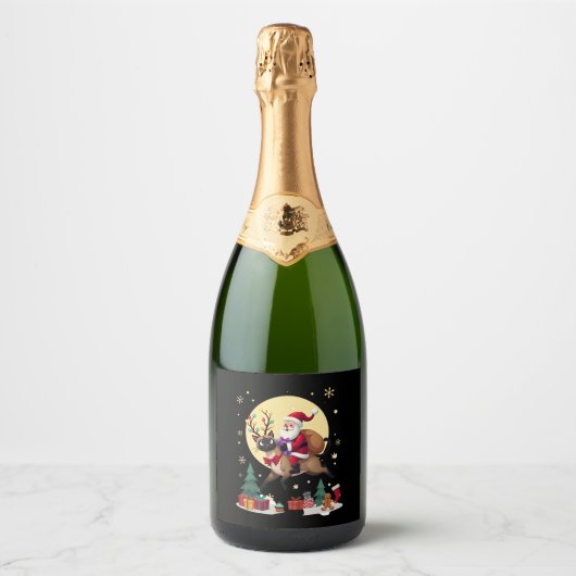 Santa Riding Rentier Siamese Weihnachtsbaum L Schaumweinetikett (Vorderseite)