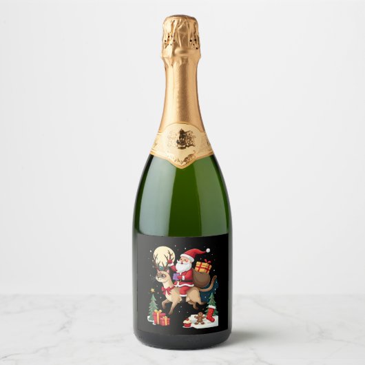 Santa Riding Rentier Siamese Weihnachtsbaum L Schaumweinetikett (Vorderseite)