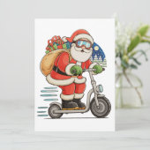 Santa Riding Scooter Weihnachtsmatte Feiertagskarte (Stehend Vorderseite)