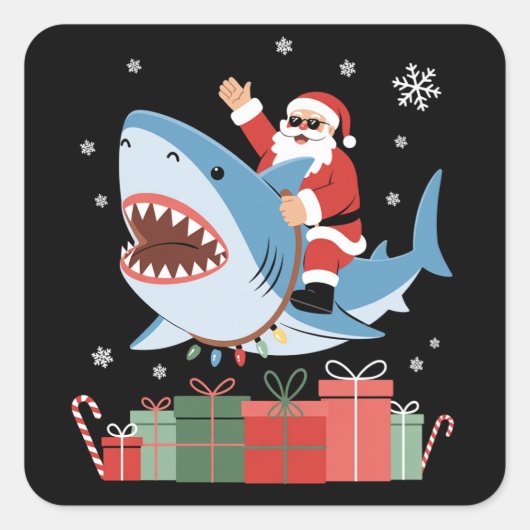Santa Riding Shark Christmas Pajama Cute Ocean Quadratischer Aufkleber (Vorderseite)
