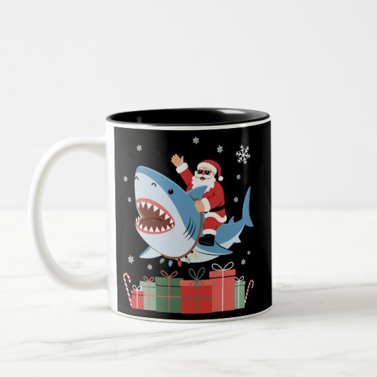 Santa Riding Shark Christmas Pajama Cute Ocean Zweifarbige Tasse (Links)