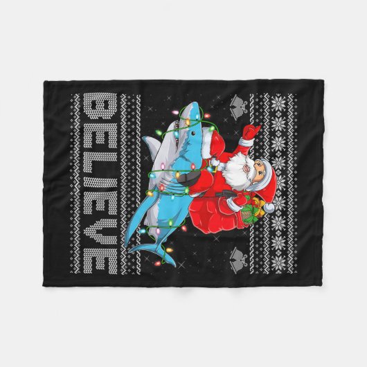 Santa Riding Shark Ugly Christmas Sweater Believe Fleecedecke (Vorderseite (Horizontal))