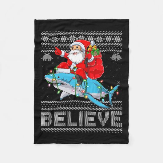 Santa Riding Shark Ugly Christmas Sweater Believe  Fleecedecke (Vorderseite)