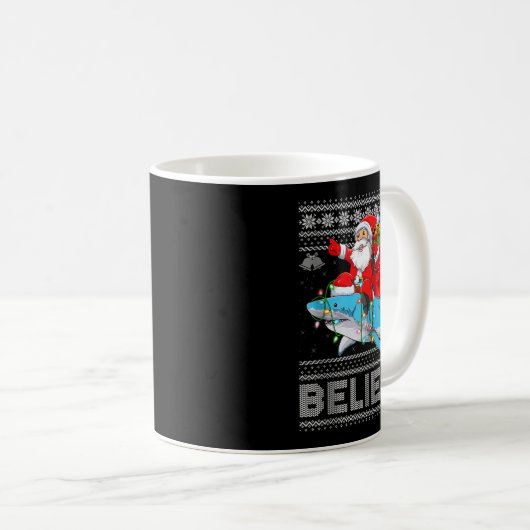 Santa Riding Shark Ugly Christmas Sweater Believe Kaffeetasse (VorderseiteRechts)