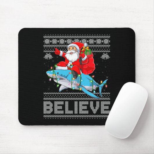 Santa Riding Shark Ugly Christmas Sweater Believe Mousepad (Mit Mouse)