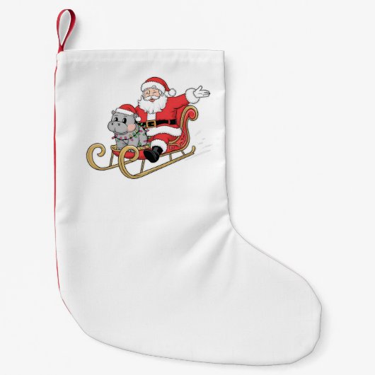 Santa Riding Sleigh mit Moo Deng Baby Hippo Kleiner Weihnachtsstrumpf (Vorderseite)