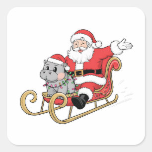 Santa Riding Sleigh mit Moo Deng Baby Hippo Quadratischer Aufkleber