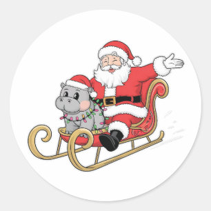 Santa Riding Sleigh mit Moo Deng Baby Hippo Runder Aufkleber