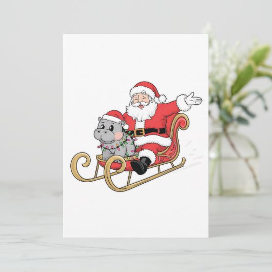 Santa Riding Sleigh mit Moo Deng Baby Hippo Save The Date (Stehend Vorderseite)