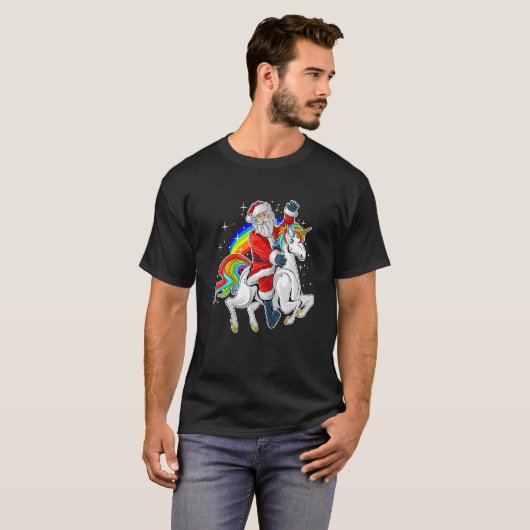 Santa Riding Unicorn Rainbow Weihnachten T-Shirt (Vorne ganz)