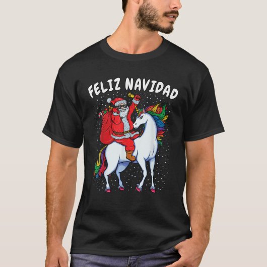 Santa Riding Unicorn Spanisches Weihnachtsgeschenk T-Shirt (Vorderseite)