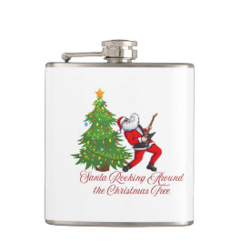 Santa Rocking rund um den Weihnachtsbaum auf einem Flachmann