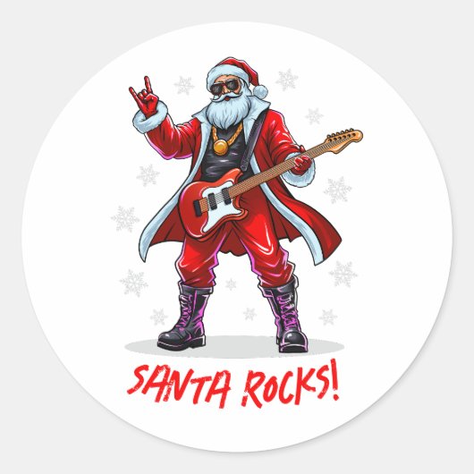 Santa Rocks! Funny Santa Claus spielt Gitarre Runder Aufkleber (Vorderseite)