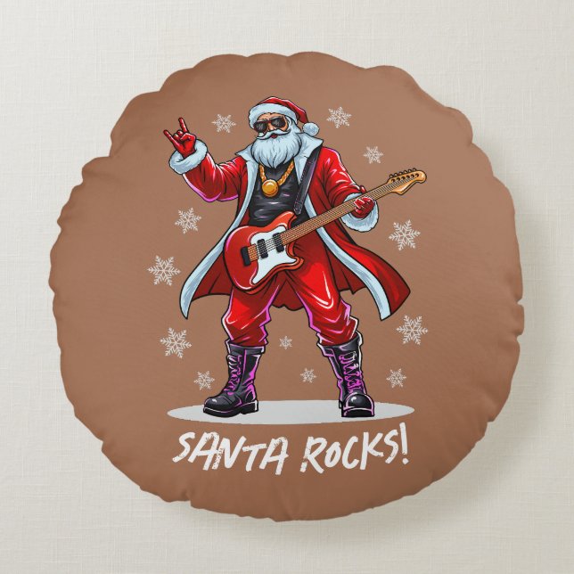 Santa Rocks! Funny Santa Claus spielt Gitarre Rundes Kissen (Vorderseite)