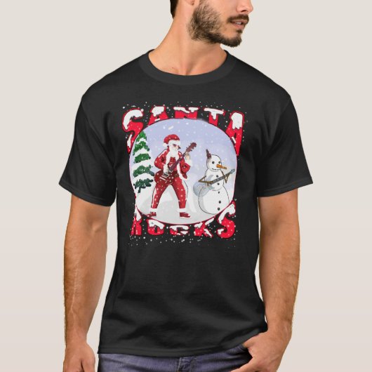 Santa Rocks Playing Guitar With Snowman T-Shirt (Vorderseite)