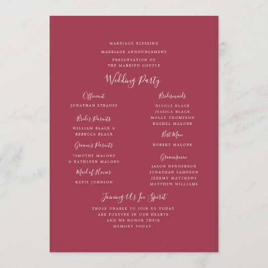 Santa Rosa Hochzeitsprogramm Programm (Rückseite)