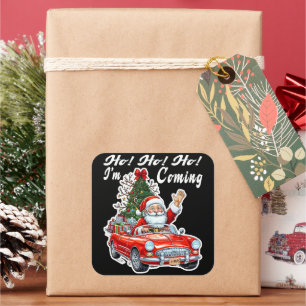 Santa rotes Auto schwarzer Hintergrund Quadratischer Aufkleber