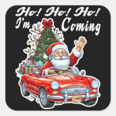 Santa rotes Auto schwarzer Hintergrund Quadratischer Aufkleber (Vorderseite)