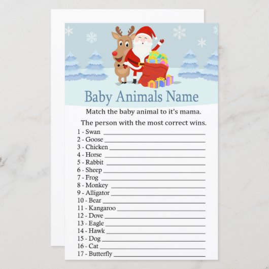 Santa, Rudolph Baby Animals Name Spiel Babydusche (Vorne/Hinten)