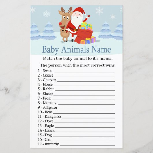 Santa, Rudolph Baby Animals Name Spiel Babydusche (Vorderseite)