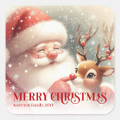 Santa Rudolph Custom Name Merry Christmas Gift Quadratischer Aufkleber (Vorderseite)
