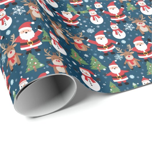 Santa, Rudolph, Snowmen und Weihnachtsbaumen Geschenkpapier (Rolleneckpunkt)