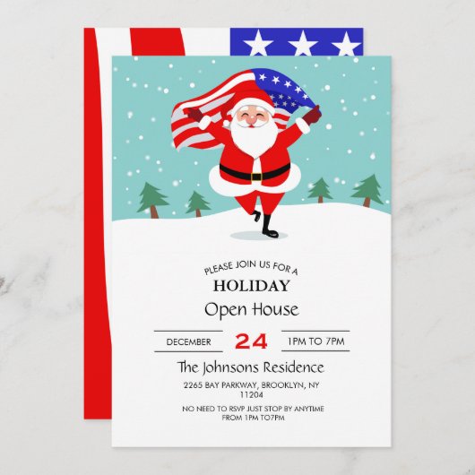 Santa Running with american flag Einladung (Vorne/Hinten)
