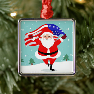Santa Running with american flag Ornament Aus Metall