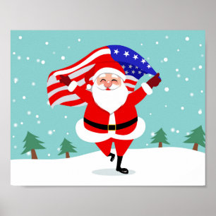 Santa Running with american flag Poster