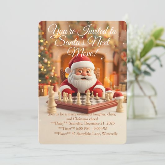 Santa’s Next Move – Funny Christmas Chess Party In Einladung (Stehend Vorderseite)
