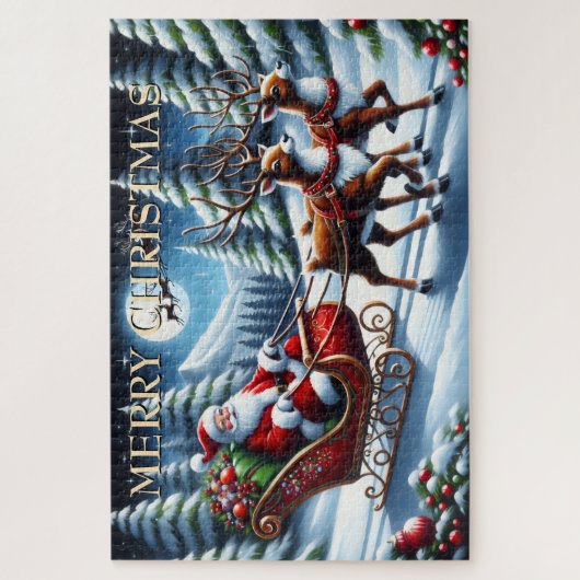 Santa’s Sleigh Through Snowy Forest at Christmas Puzzle (Vertikal)