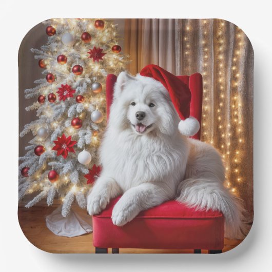 Santa Samoyed Hund auf einem roten Stuhl Pappteller (Vorderseite)