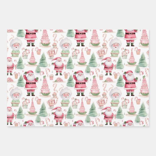Santa Scene Pink Koordination Weihnachten Geschenkpapier Set (Vorderseite)