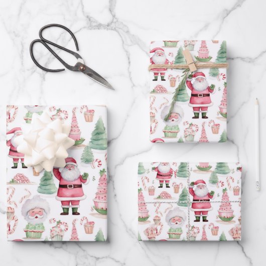 Santa Scene Pink Koordination Weihnachten Geschenkpapier Set (Vorderseite)