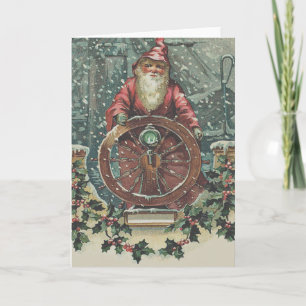 Santa-Schiff Boot Schneesturm Stechpalme Feiertagskarte