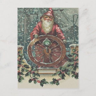 Santa-Schiff-Boots-Schneesturm-Stechpalme Feiertagspostkarte