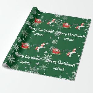 Santa-Schlitten-Einhorn-Schneeflocken Personalisie Geschenkpapier