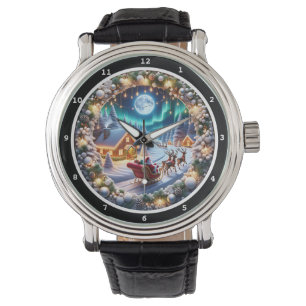 Santa-Schlitten über verschneitem Dorf Armbanduhr