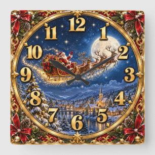 Santa-Schlitten-Weihnachten-Winter-Wunderland-Uhr Quadratische Wanduhr