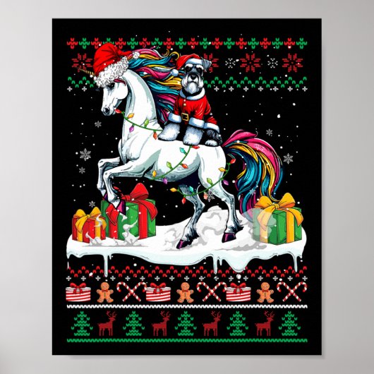 Santa Schnauzer Riding Unicorn Weihnachtskraut L Poster (Vorne)