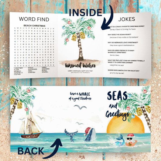 Santa Seas & Greetings Beach Game & Jokes Dreifach Gefaltete Urlaubskarte