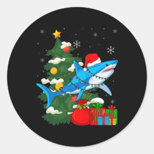 Santa Shark Christmas Lights Sharkmas Tree Xmas Bo Runder Aufkleber