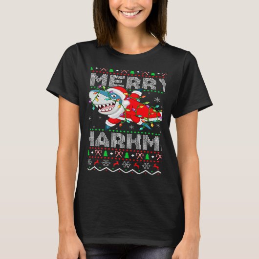 Santa Shark Christmas Lights Ugly Merry Sharkmas T-Shirt (Vorderseite)