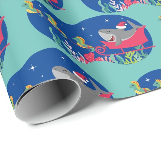 Santa Shark Riding Schlittenpapier Geschenkpapier (Rolleneckpunkt)