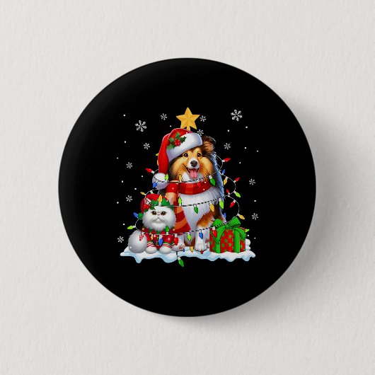 Santa Sheltie mit Elf Cat Weihnachtsleuchten Besit Button (Vorderseite)