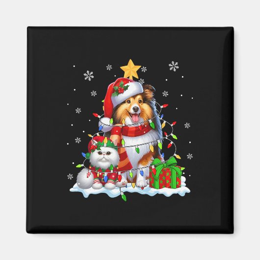 Santa Sheltie mit Elf Cat Weihnachtsleuchten Besit Magnet (Vorne)