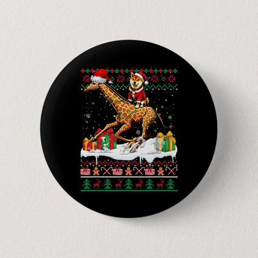 Santa Shiba Inu Riding Giraffe Weihnachtssüßer L Button (Vorderseite)