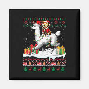 Santa Shiba Inu Riding Llama Christmas Sweater Lov Magnet