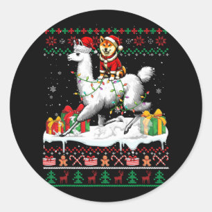 Santa Shiba Inu Riding Llama Christmas Sweater Lov Runder Aufkleber