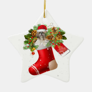 Santa Shih Tzu in der Weihnachtssocke   Weihnachts Keramik Ornament